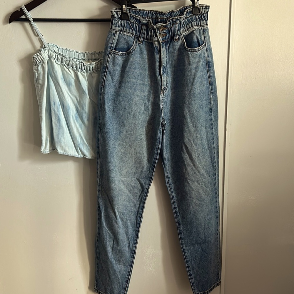 Forever 21 Ladies Paper Bag Elastic Waist High Rise Denim Jeans Size Medium